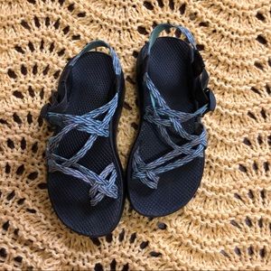 Blue and green zigzag Chacos